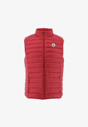 Veste sans manches matelassée rouge avec fermeture éclair frontale, col haut et petit écusson rond avec logo sur le côté gauche de la poitrine.