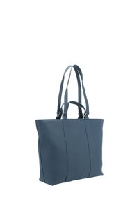 Borsa tote in pelle blu con texture, dotata di manici corti e lunghi, forma rettangolare e dettagli di fascia verticale.