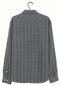 Camicia a maniche lunghe grigia a quadri con colletto button-down, realizzata in un tessuto testurizzato, con cuciture visibili e polsini abbottonati.
