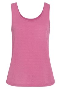 Mouwloze roze tanktop met een textuurpatroon, ronde halslijn en een licht getailleerd ontwerp. Zachte stof met een gladde, gelijkmatige afwerking.