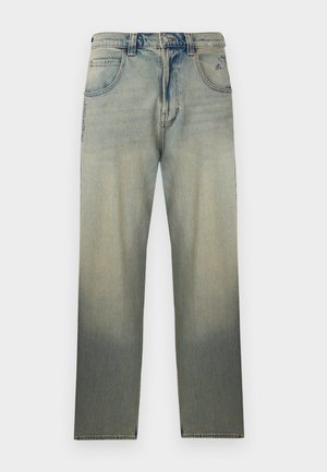 Zbledene traper hlače z ravnimi hlačnicami, pet žepov, zapenjanje na gumbe in subtilnimi šivi ob sprednjih žepih.