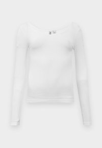 White ribbed long-sleeve shirt with a wide round neckline, slim fit, and fabric tag visible at the collar on a plain background.