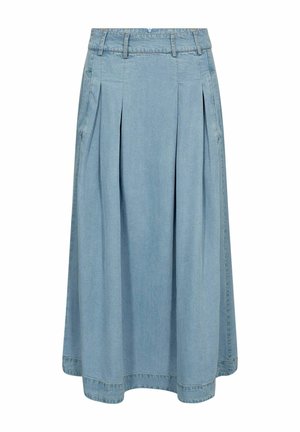 Hellblauer Denim-Midirock mit Falten, Gürtelschlaufen, Seitentaschen und einem Reißverschluss hinten.