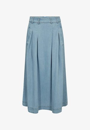 Hellblauer Denim-Midirock mit Falten, Gürtelschlaufen, Seitentaschen und einem Reißverschluss hinten.