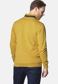 Langärmliger senfgelber Pullover mit geripptem Kragen und einem dunklen Streifen. Weiche Textur, lässige Passform, kombiniert mit dunkelblauen Jeans.