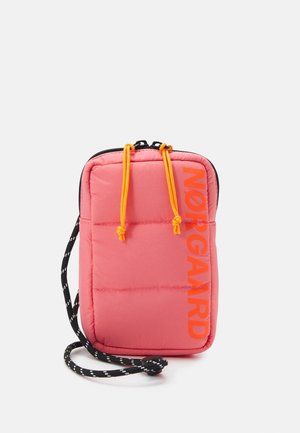 Compact pink padded crossbody bag with black and white strap, yellow drawstrings on zipper, and bold orange "NORGARD" text vertically on front.