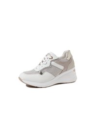 Sneaker bianco e beige con pannelli in rete e dettagli in pelle liscia, suola ammortizzata e chiusura con lacci. I dettagli lucidi offrono un contrasto.