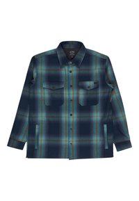Knapp-up långärmad rutig skjorta med blå, teal och orange ränder, med två framfickor med lock och en klassisk krage.