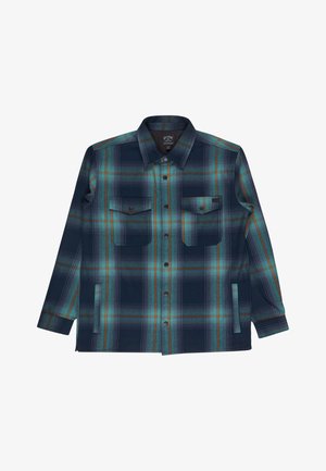 Knapp-up långärmad rutig skjorta med blå, teal och orange ränder, med två framfickor med lock och en klassisk krage.