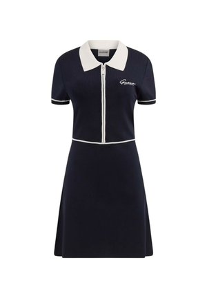 Abito polo navy con maniche corte e colletto bianco. Presenta una zip frontale completa, dettagli a contrasto e ricamo del logo sul petto.