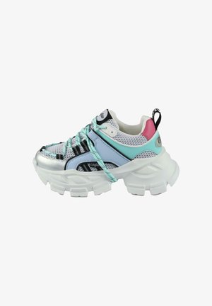 Chunky sneakers with a white, textured sole, mesh upper, silver accents, and a mix of mint green, black, and pink detailing.
