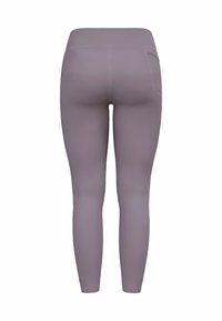 Paarse leggings met een hoge tailleband, een gladde textuur en contrasterende stiksels. Beschikt over een klein zijvak voor extra gemak.