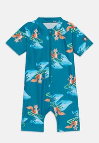 Maillot de bain à manches courtes pour enfants en turquoise, avec une fermeture éclair à l'avant, orné d'un imprimé intégral de renards et de feuilles tropicales.