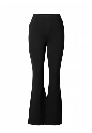 Zwarte flared broek gemaakt van rekbare stof, met een hoge tailleband, twee zijzakken en een gladde textuur.