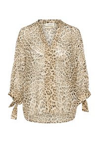 Let lyng let, gennemsigtig bluse i dyreprint. Har en V-halsudskæring, lange ærmer med bånddetaljer og en afslappet pasform. Farvepaletten inkluderer beige og brune nuancer.