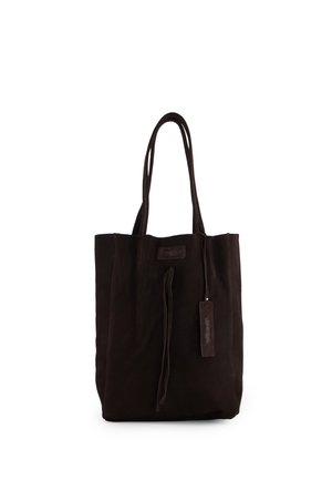 Sac cabas en suède marron foncé avec double poignée, couture à l'avant et une étiquette rectangulaire suspendue embossée du logo "VENEZIA".