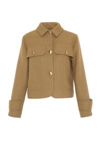 Giacca in khaki strutturato con colletto, chiusura con bottoni dorati e due tasche anteriori a pattina. Maniche con polsini completano il design.