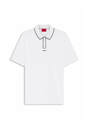 White short-sleeve polo shirt with black trim on collar and placket, red inner label, and "HUGO" logo below placket center.
