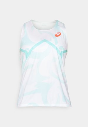 Valkoinen hihaton paita, jossa on vaaleansininen abstrakti kuvio, pyöreä pääntie ja hihaton muotoilu. Oranssi logo vasemmalla ylhäällä.