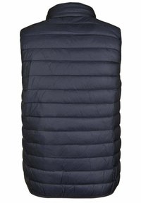 Marinblå puffer-väst med hög krage, kviltad textur och horisontella sömmar för isolering. Materialet verkar lätt och hållbart.