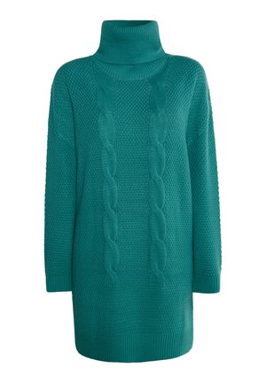 Teal knitted sweater with a high turtleneck, featuring a textured pattern and a central cable knit design. Long sleeves and ribbed cuffs.