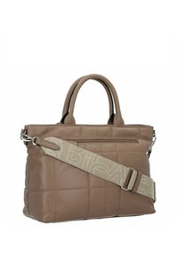 Brown leather tote bag with a quilted design, dual handles, and a detachable fabric shoulder strap featuring a logo. Zipper pocket on the front.