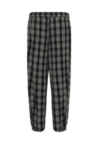 Pantalon à carreaux noir et gris avec taille élastique et poignets élastiques, présenté debout sur fond blanc.
