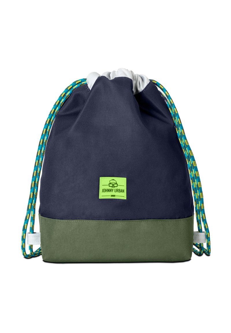 Kék és olívazöld anyagú húzózsebes táska; élénk zöld logóval ellátott folttal és színes fonott pánttal a zárásához.