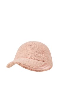 Rosa Fleece-Mütze mit runder Krone und gebogenem Schirm. Weiche Textur mit sichtbaren Nähten über das Design. Gefüttertes Innenfutter.