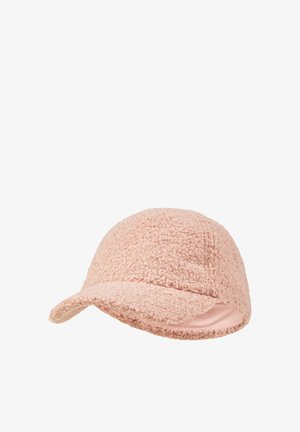 Pink fleece cap with a rounded crown and a curved brim. Soft texture with visible stitching across the design. Lined interior.