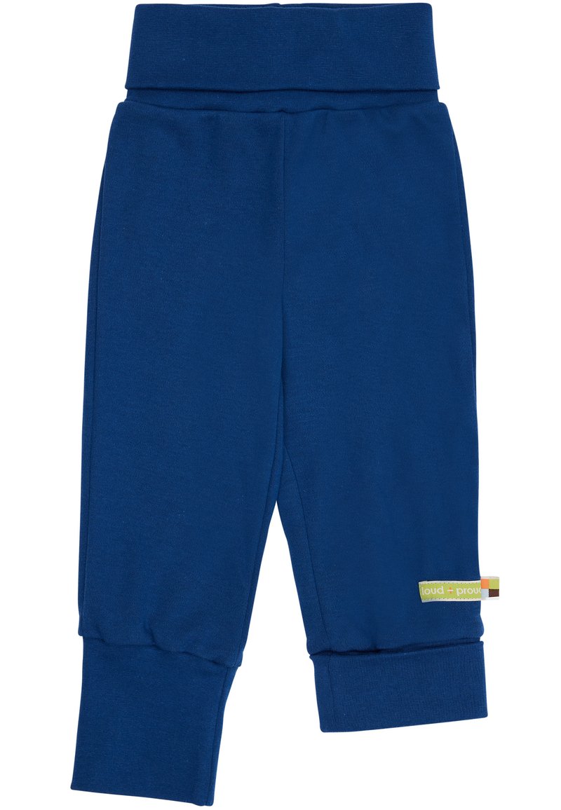 Marineblau Baumwollhosen mit einem breiten Taillenbund, schmal zulaufenden Knöcheln und einem kleinen, bunten Markentag an der Seite. Weiche Textur, lässiges Design.