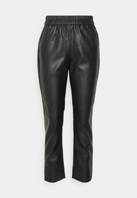Black faux leather pants with an elastic waistband, tapered design, smooth texture, and no visible pockets.