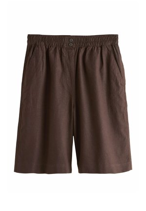 Bruine katoenen korte broek met elastische tailleband, twee knopen aan de voorkant en steekzakken, weergegeven op een witte achtergrond.