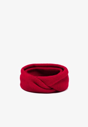 Sciarpa rossa lavorata a maglia, di forma rotonda, con un design attorcigliato. La texture è morbida e accogliente, con un motivo uniforme su tutto il materiale.