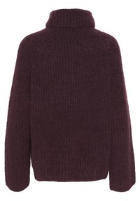 Pull à col roulé en laine violet foncé avec manches longues et motif côtelé, vu de dos.