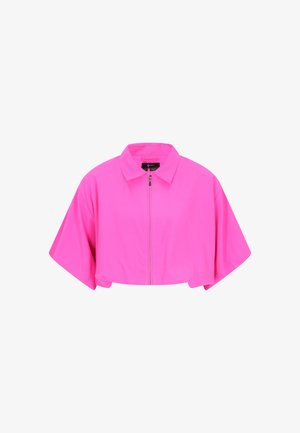 Bright pink cropped jacket with wide short sleeves, collar, and front zipper closure, displayed on a plain white background.