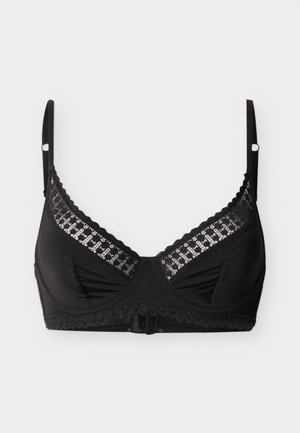 Soutien-gorge noir orné de dentelle avec bretelles ajustables et fermeture à agrafe frontale, présentant des bords festonnés et des panneaux décoratifs semi-transparents.
