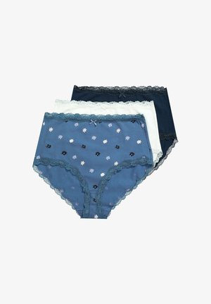 Tres pares de braguitas de mujer de talle alto en azul con un patrón floral, blancas y azul oscuro, con encaje y lazos.