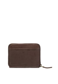 Portefeuille en cuir brun avec fermeture éclair, présentant une texture lisse, une poche avant et un tirette de fermeture arrondie. Forme rectangulaire.