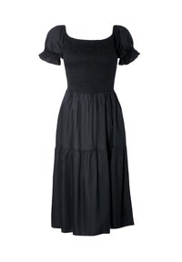 Czarna sukienka z krótkimi bufkami, kwadratowym dekoltem, marszczonym gorsetem i wielowarstwową spódnicą. Wykonana z miękkiego materiału o gładkiej fakturze.