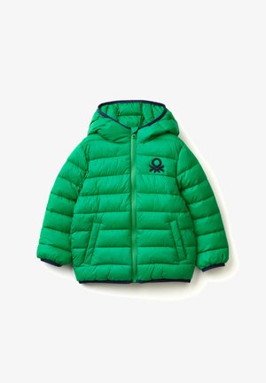 Green padded children's jacket with hood, front zipper, side pockets, and dark blue trim and logo on the chest.