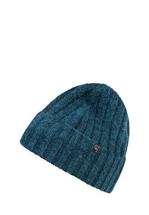 Gebreide beanie in donker teal met een geribbelde textuur. Voorzien van een klein zwart logo-vignet. Zacht materiaal, slungelig ontwerp en flexibele pasvorm.