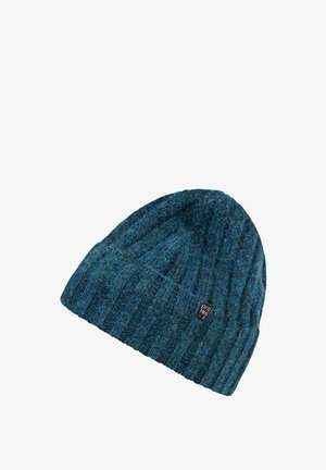 Gebreide beanie in donker teal met een geribbelde textuur. Voorzien van een klein zwart logo-vignet. Zacht materiaal, slungelig ontwerp en flexibele pasvorm.