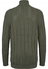 Pull en tricot vert olive avec un col montant, présentant un motif torsadé texturé, des poignets et un ourlet côtelés. Vue de dos montrant tous les détails du design.