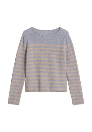 Szary sweter z cienkimi beżowymi paskami, długimi rękawami i zaokrąglonym dekoltem. Miękka tekstura o krótkim kroju.