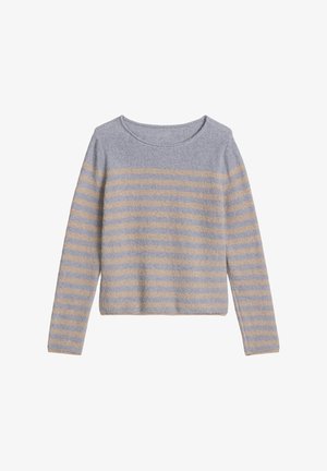 Grijze trui met dunne beige strepen, lange mouwen en een ronde halslijn. Zachte textuur met een cropped ontwerp.