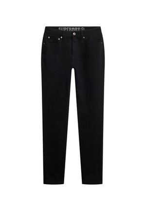 Zwarte denim jeans met een slim fit, vijf zakken, contrasterende koperen hardware en een logolabel op de tailleband. Gladde textuur.