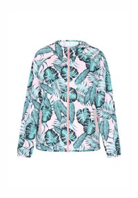 Giacca leggera con zip, con uno sfondo rosa decorato da motivi di foglie tropicali verdi. Include un cappuccio e tasche laterali.