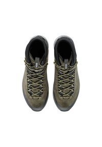 Grüne Wildleder-Wanderschuhe mit schwarzen textile Akzenten, Gummisohlen und kontrastierenden Schnürsenkeln. Sie verfügen über ein hoch geschnittenes Design zur Unterstützung des Knöchels.