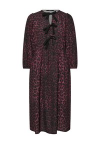Leopardi-kuvioinen mekko mustan ja viininpunaisen sävyissä, jossa on pitkät hihat, pyöreä pääntie avoventtiilillä ja mustat nauhat.
